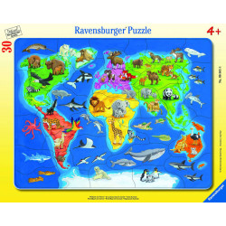 Ravensburger Kinderpuzzle   06641 Weltkarte mit Tieren   Rahmenpuzzle für Kinder ab 4 Jahren, mit 30