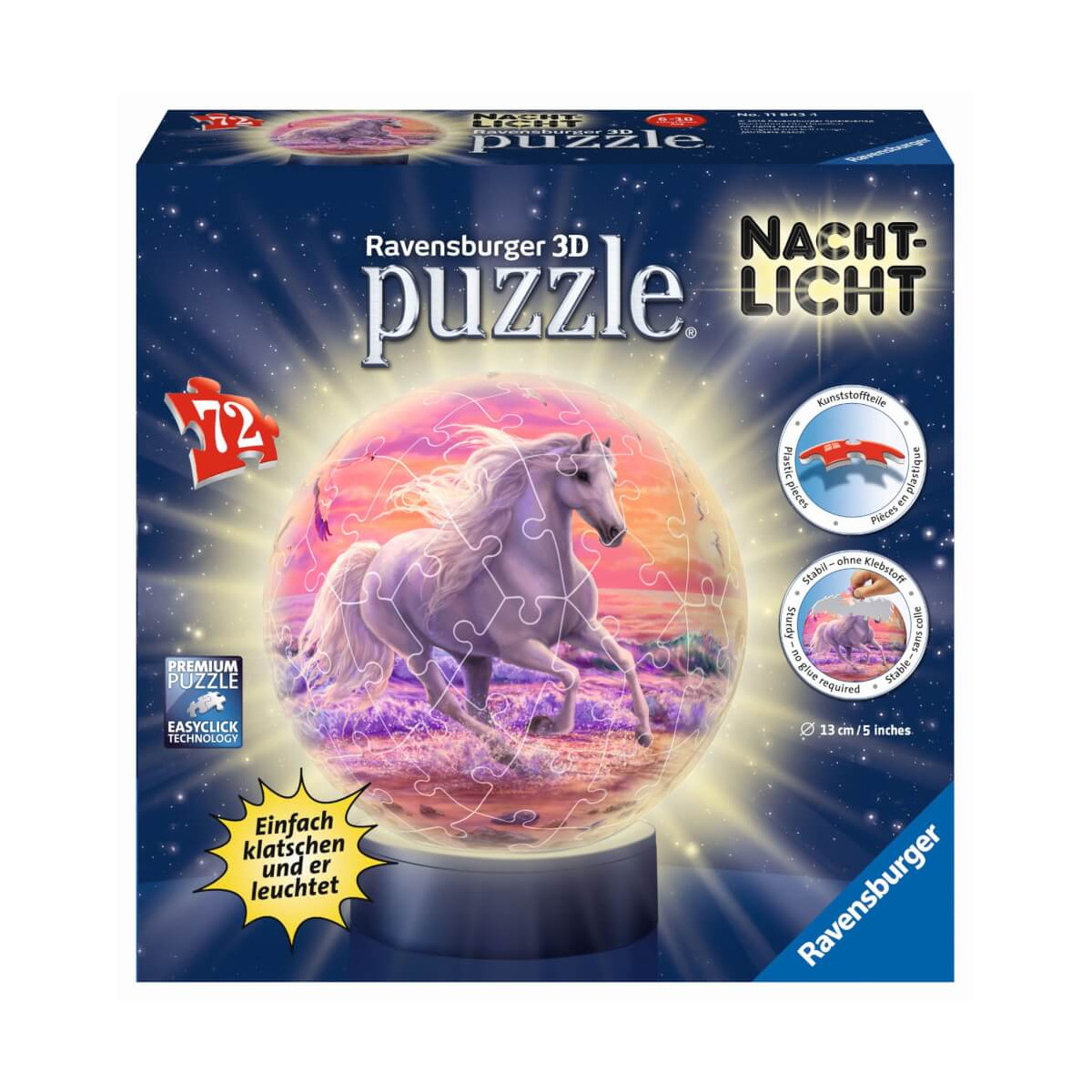 Ravensburger 3D Puzzle 11843   Nachtlicht Puzzle Ball Pferde am Strand   72 Teile   ab 6 Jahren, LED