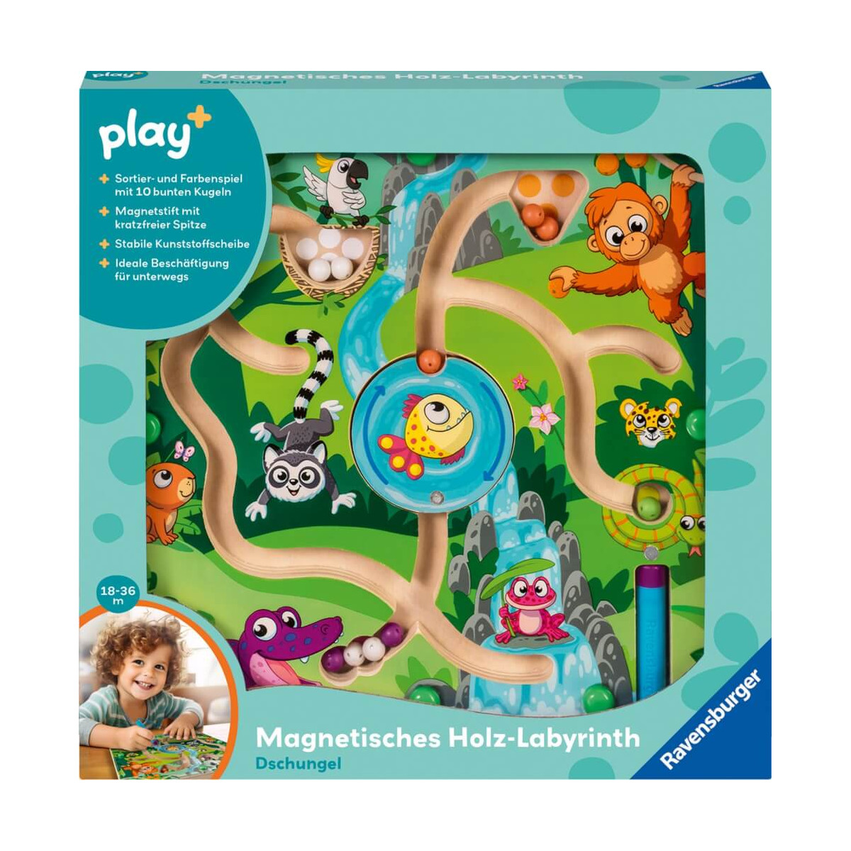 Ravensburger 4873 Play  Magnetisches Holz Labyrinth: Dschungel, schult Feinmotorik, Geschicklichkeit