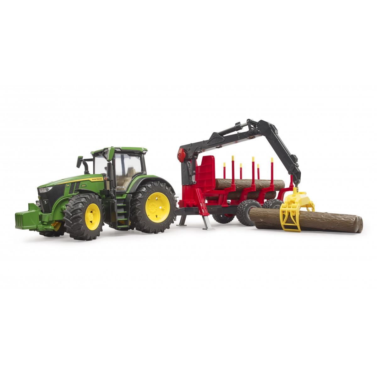 John Deere 7R 350 mit Rückeanhänger und 4 Baumstämmen