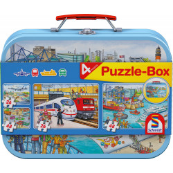 Schmidt Spiele Puzzle Box Verkehrsmittel im Metallkoffer, 2x26 Teile, 2x48 Teile