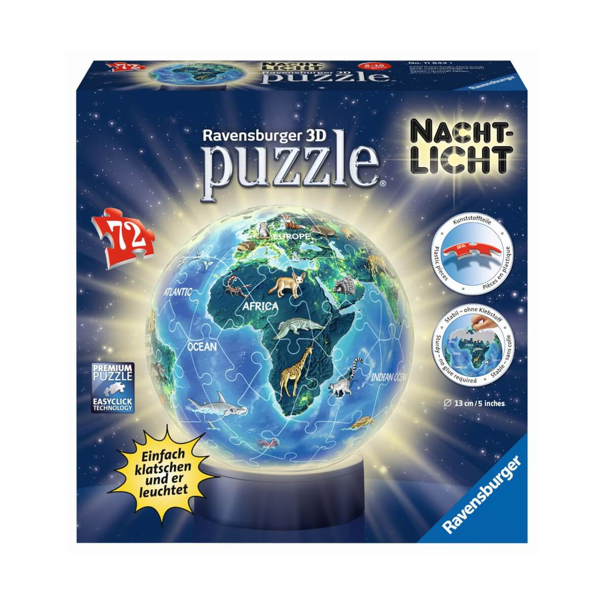 Ravensburger 3D Puzzle Erde im Nachtdesign Nachtlicht 11844   Puzzle Ball   72 Teile   für Globus Fa