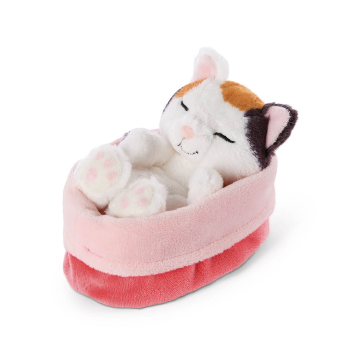 Kuscheltier Katze creme 12cm im rot rosanen Körbchen